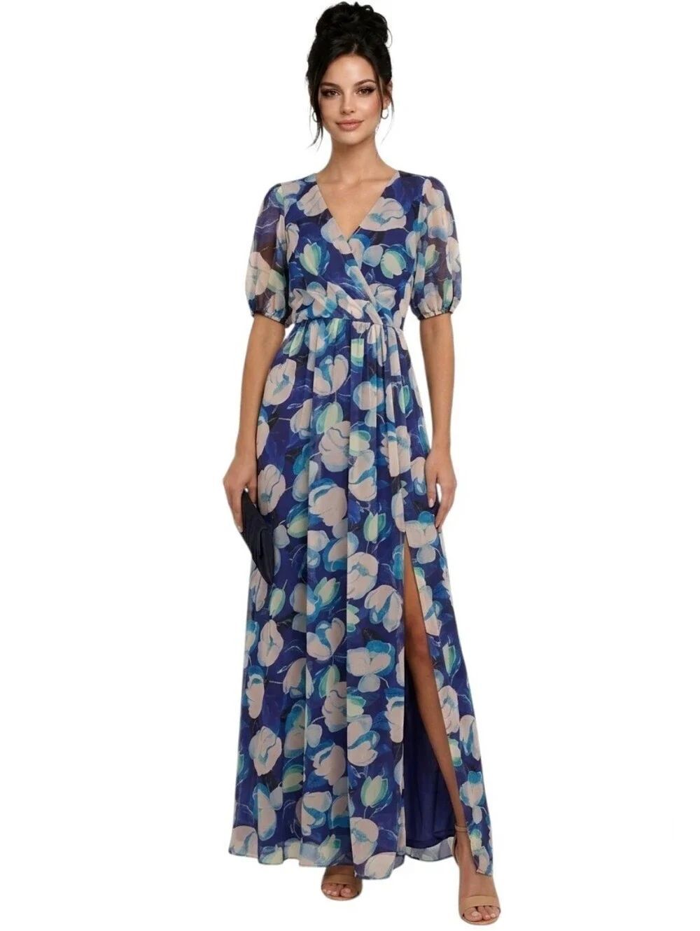 Adrianna Papell Blue Multi-Floral Surplice Neckline Crinkle Chiffon Dress Size 4